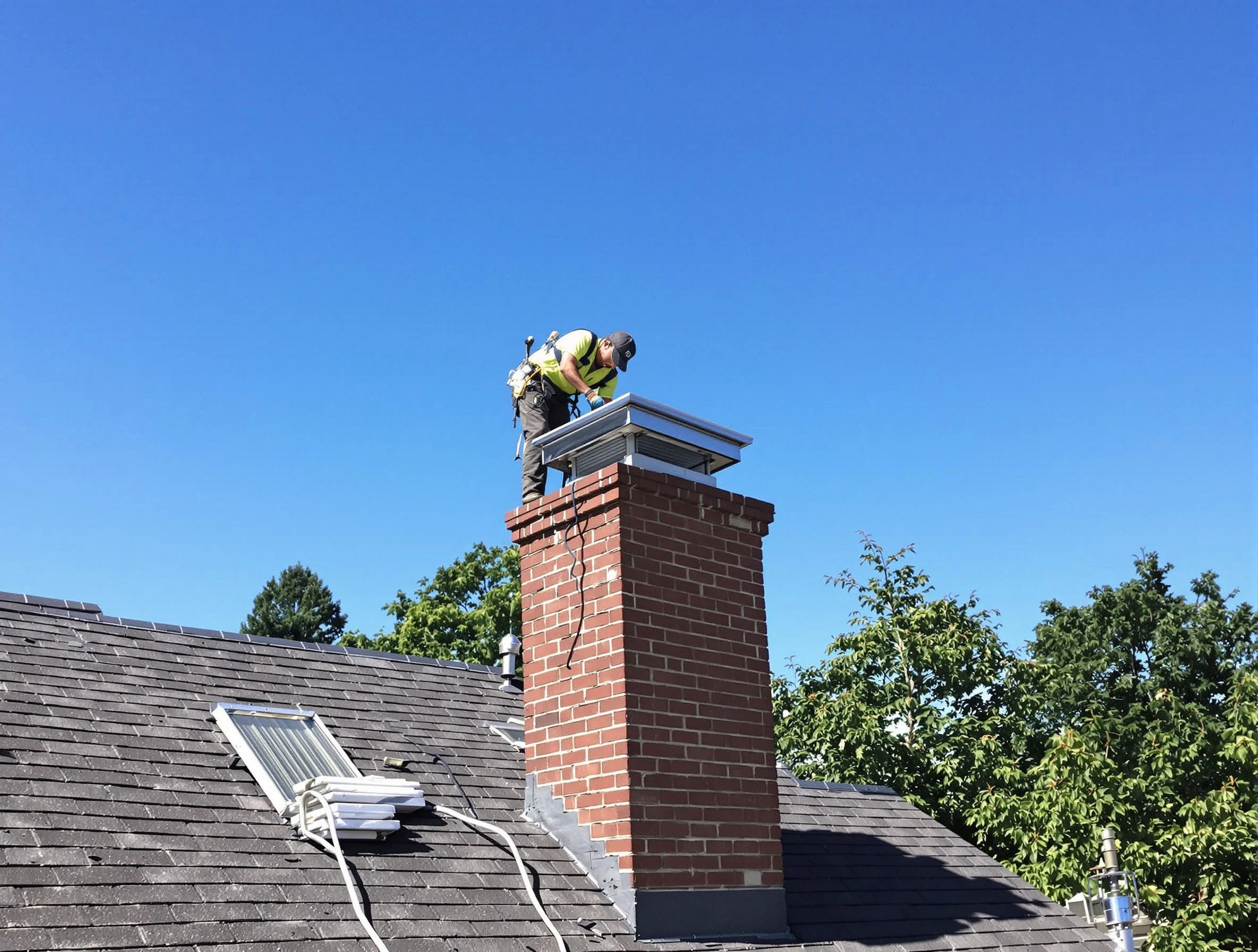 Bellevue Chimney Sweep technician measuring a chimney cap in Bellevue, PA